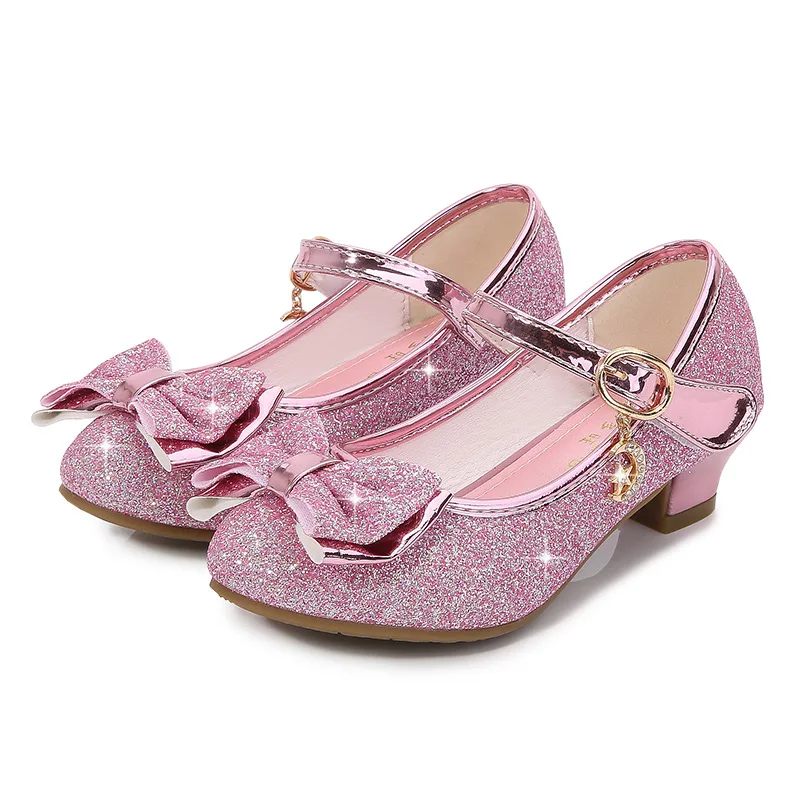 

Girls Princess Shoes Butterfly Knot High-Heel Shiny Crystal Shoes Kids Leather Shoes Children's Single Shoes Birthday Present
