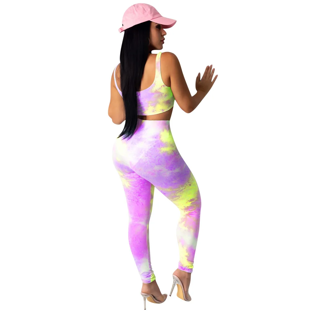 

European new fit tie dye print two piece summer fashion U-neck sleeveless vest and pants women's suit