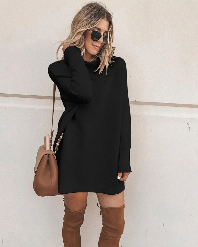 

Donsignet Autumn/Winter Fashion Slim Round Neck Long Sleeve Dresses Women Knee-Length Solid Knitting Dresses for Women