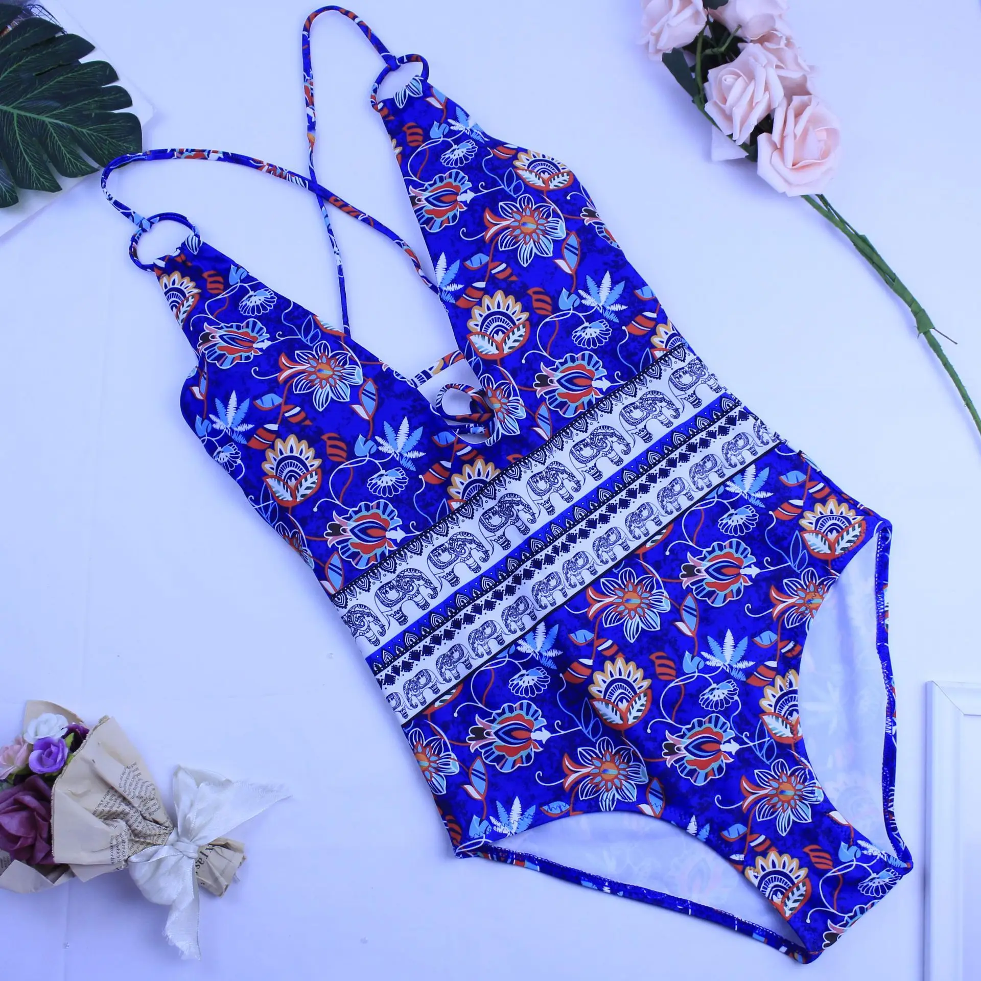 

2021 Women One Piece New Swimsuit Floral Print Swimwear Push Up Padded Bikini Bandage Backless Beachwear High Waist Bathing suit