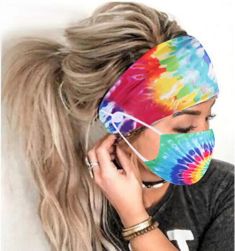 

Fashion color printing button hairband mask set silk soft mask yoga sports elastic headband hair accessories