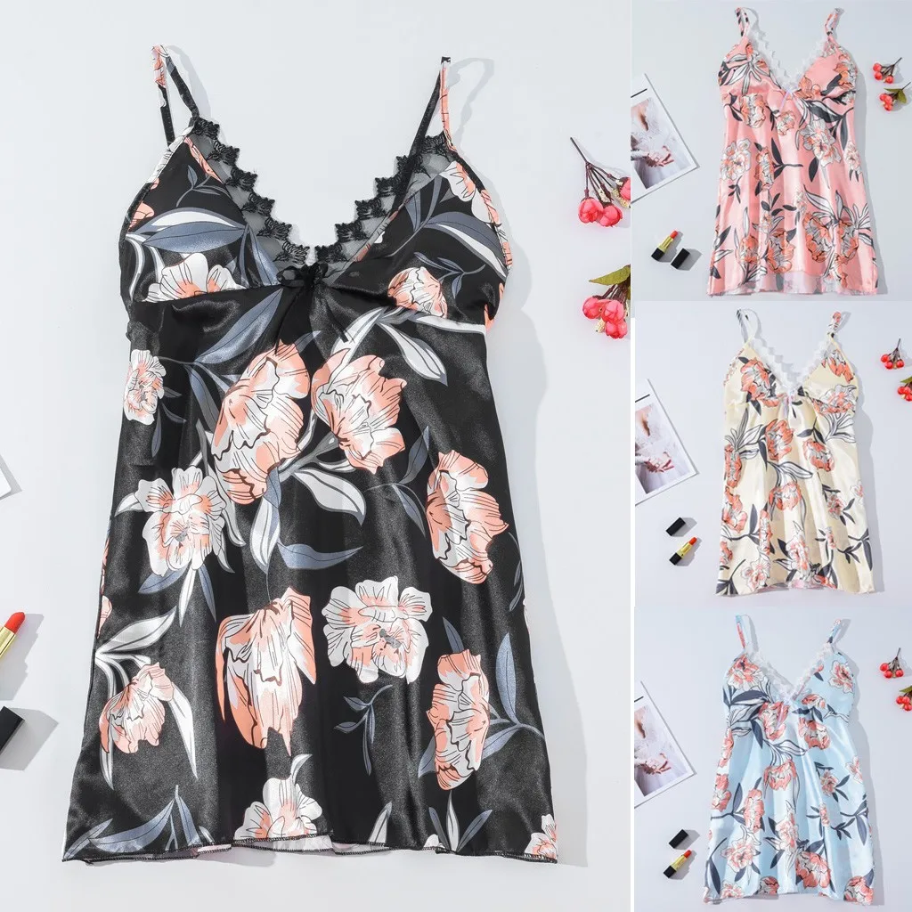 Новинка Женская кружевная ночная рубашка атласный цветочный принт V-образный