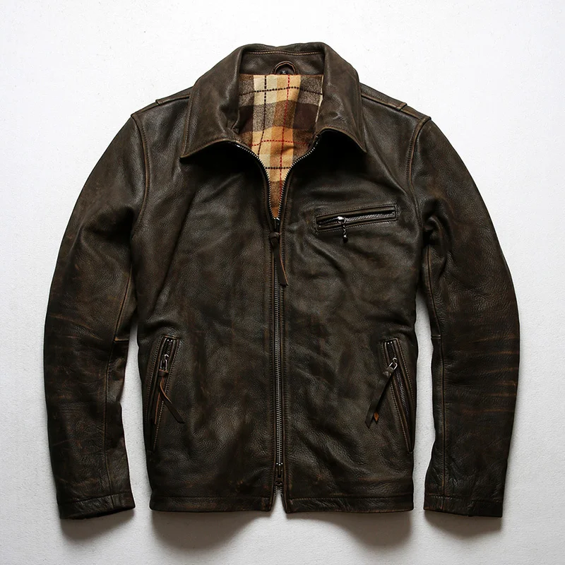 

American 1930's vintage casual genuine leather jacket men turn down collar motorcycle coat autumn real cow leather jacket male