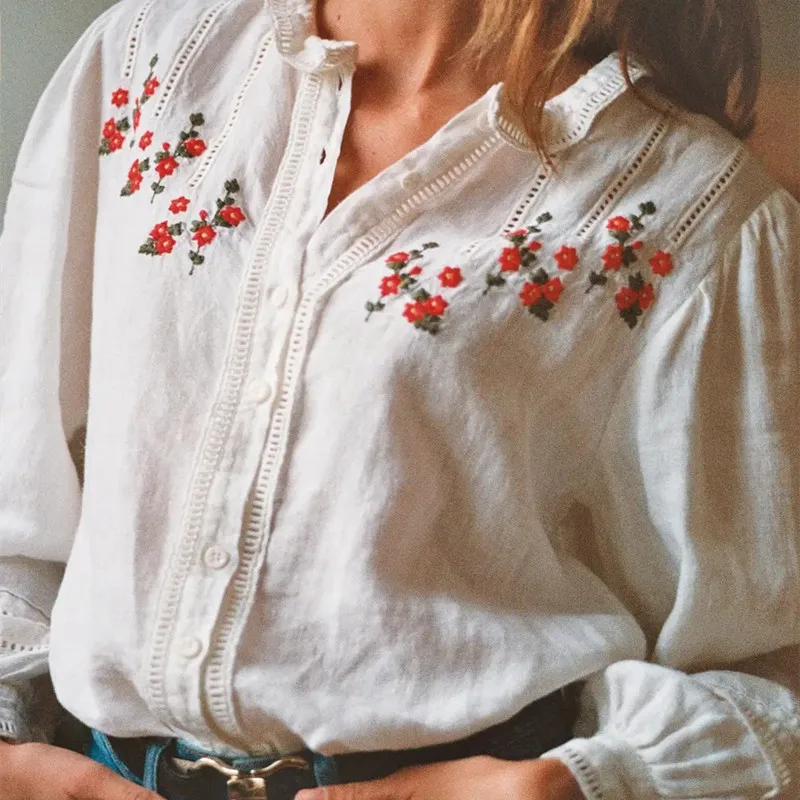 

Женская ажурная Блузка с оборками, элегантная однобортная льняная рубашка с цветочной вышивкой и длинным рукавом, весна 2022