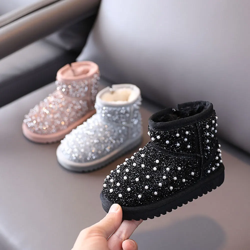 

Infant Girls Sequin Snow Boots Beads Baby Girls Sparkle Pink Shoes for Winter Kids Birthday Party Plush Flats Snow Boots 2t 3t