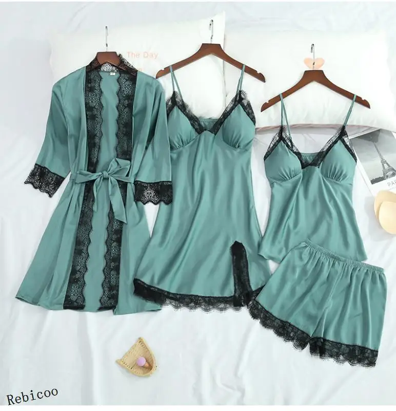 

Plus Size 2XL Women Pajamas Sets Satin Sleepwear Silk 4 Pieces Nightwear Pyjama Spaghetti Strap Lace Sleep Lounge Pijama