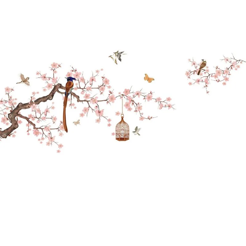 

Chinese Style Pink Peach Flower Birds Wall Stickers Romantic Home Living Room Decorative Decals Mural Bedroom Living Room Decor