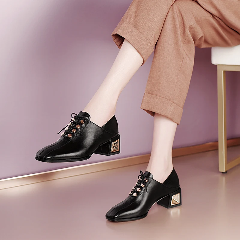 

Women pumps natural leather plus size 22-25.5cm length Cowhide metal decoration shoes for women Half slippers heels for women