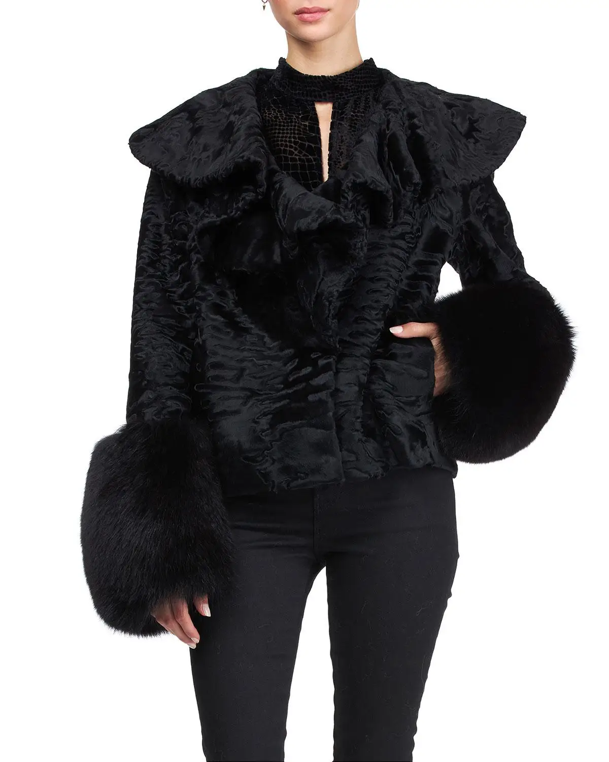 Zirunking Real Fur Coat dyed Karakul Lamb Jacket With Mink Luxury Noble Skin Short Classic Ruffled Collar Women Outwear ZC2020