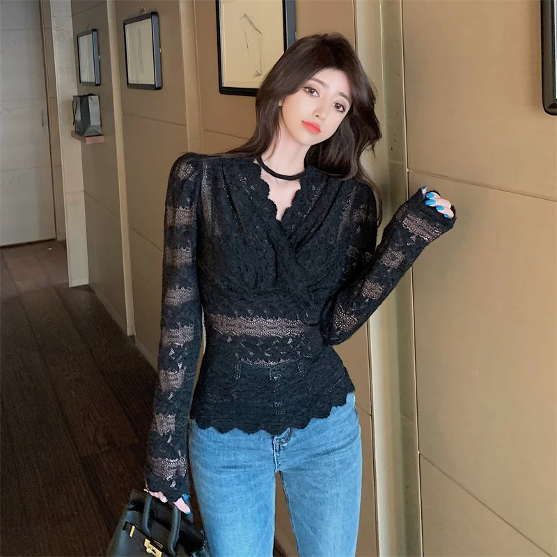 

COIGARSAM Fashion Full Sleeve blouse women Spring Solid Lace V-Neck blusas womens tops and blouses Black Apricot 8236
