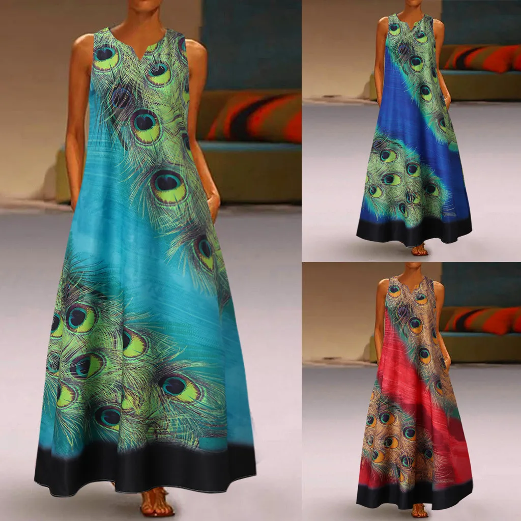 

Bohemian Maxi Dress Women Summer Peacock Dresses Sundress Sleeveless Boho Summer Dresses Long Beach Peacock Printed Dress