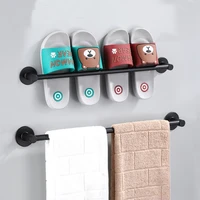 the new space aluminum punch free bathroom towel bar single pole slippers rack family storage bar black towel rack