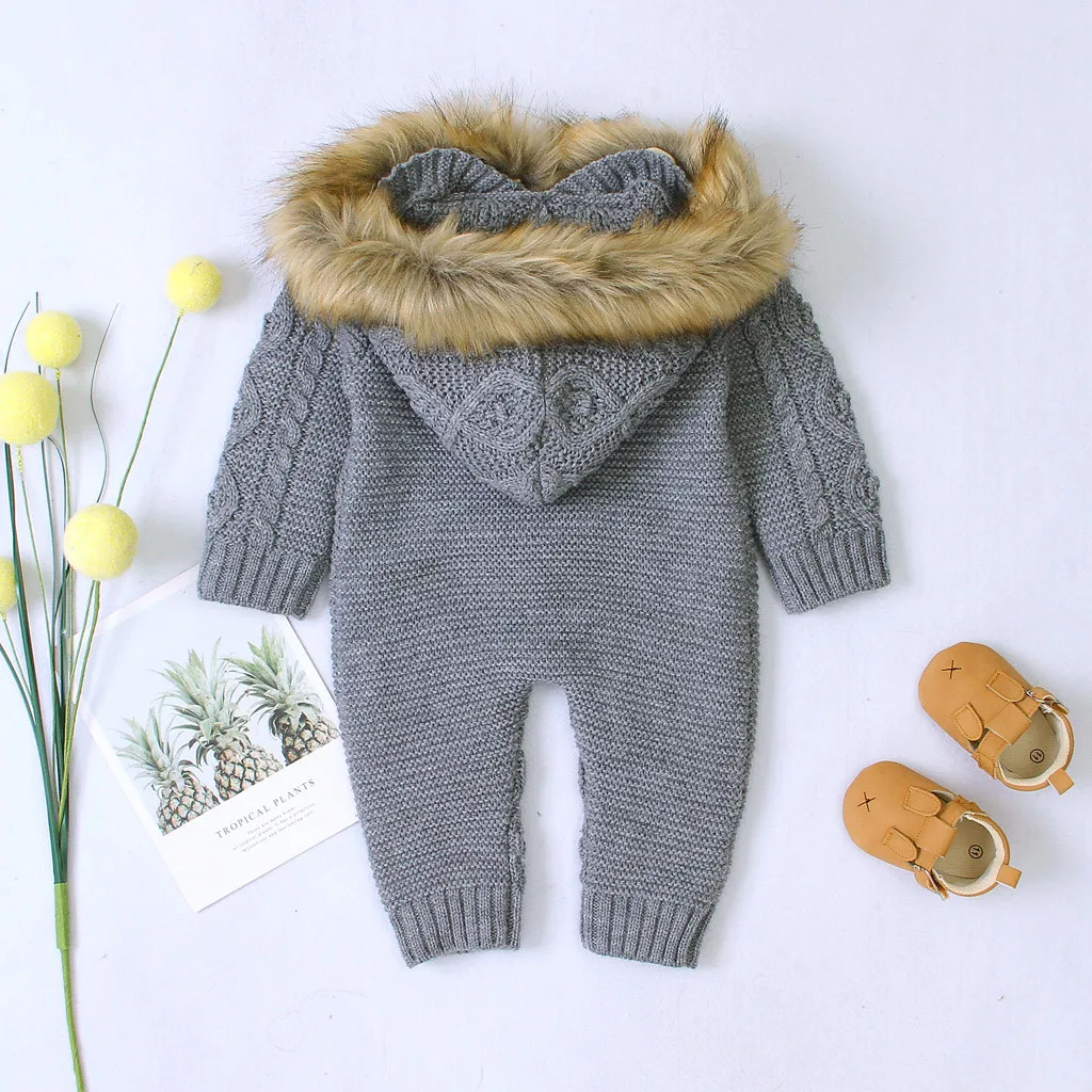 

Newborn winter romper baby boys girls knitted warm sweater romper jumpsuit baby winter clothes faux fur hooded thick outfits