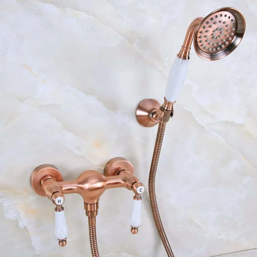 

Antique Red Copper Brass Dual Ceramic Levers Handles Wall Mounted Bathroom Hand Held Shower Head Faucet Set Mixer Tap ana298