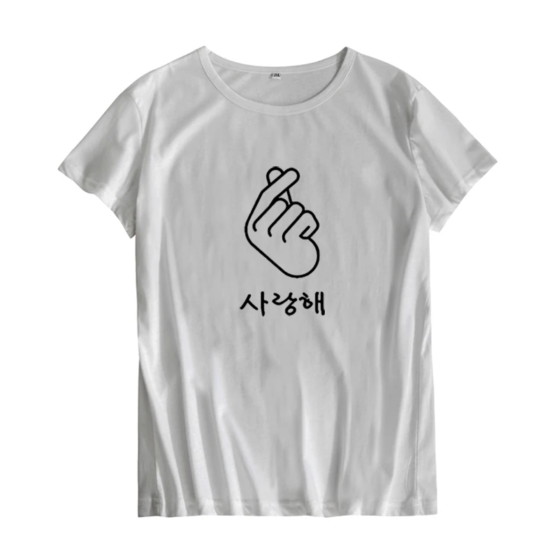 Корейская футболка с надписью «Finger Heart I Love You» Hangul, хипстерская женская футболка с коротким рукавом и принтом, летние женские топы, женская футболка