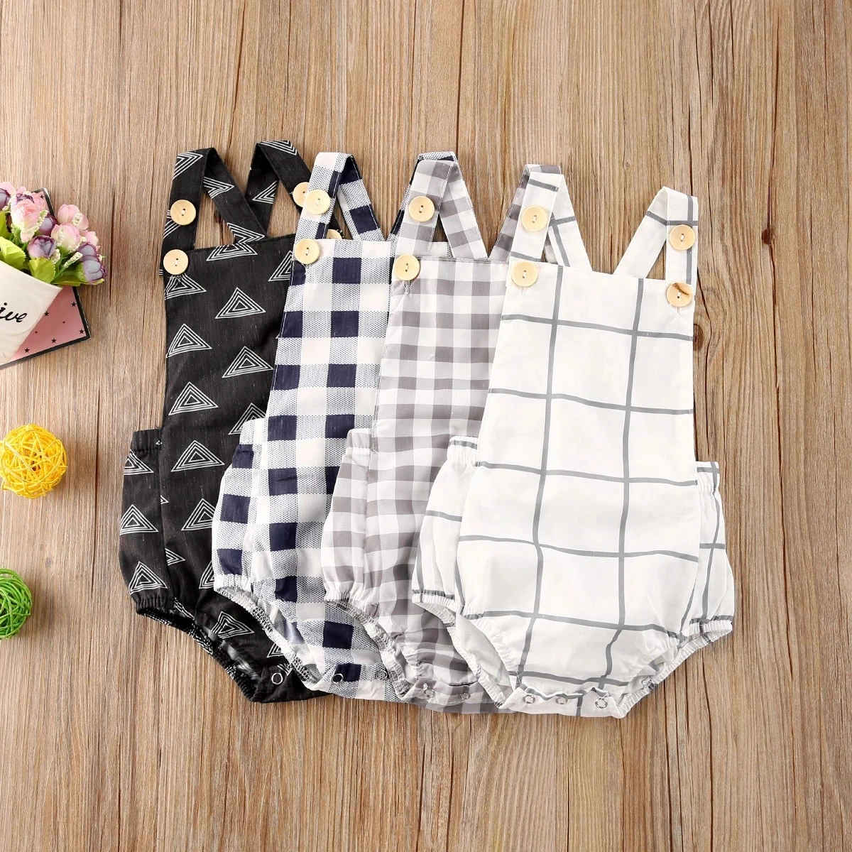 

1pc Baby Romper Cotton Suspender Outfit Plaid Pattern Pockets Button Closure Patchwork Jumpsuit