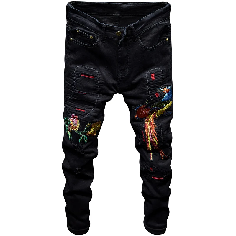 Erkek джинсы Pantolon Wind Phoenix с вышивкой мужские черные тонкие маленькие прямые