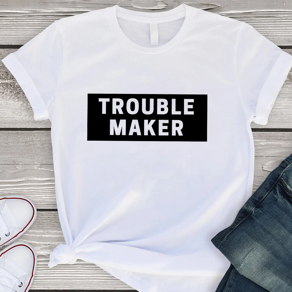 

Korean Tops For Summer Women T-shirts TROUBLE MAKER Simplicity Style Ulzzang Top T Shirt Hot Sale Daily Casual Wear Tshirt