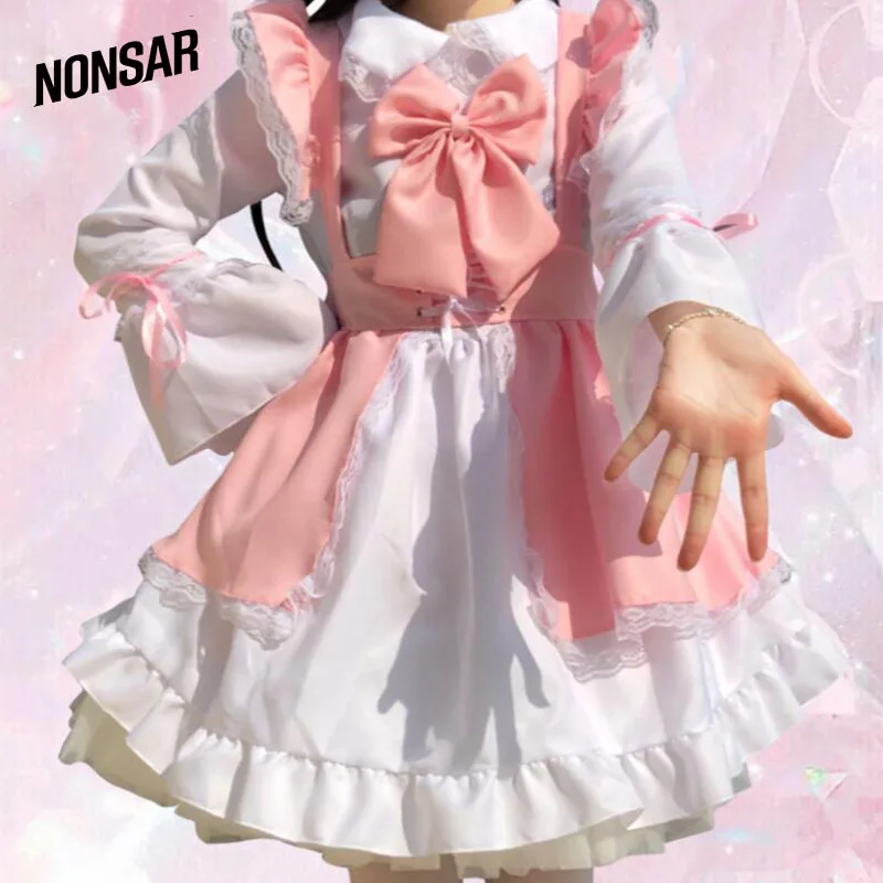 

NONSAR Maid Outfit Lolita Dress For Women Pink And White Apron Dresses Japanese Cute Party Sweet Sexy Dress Cosplay Costumes