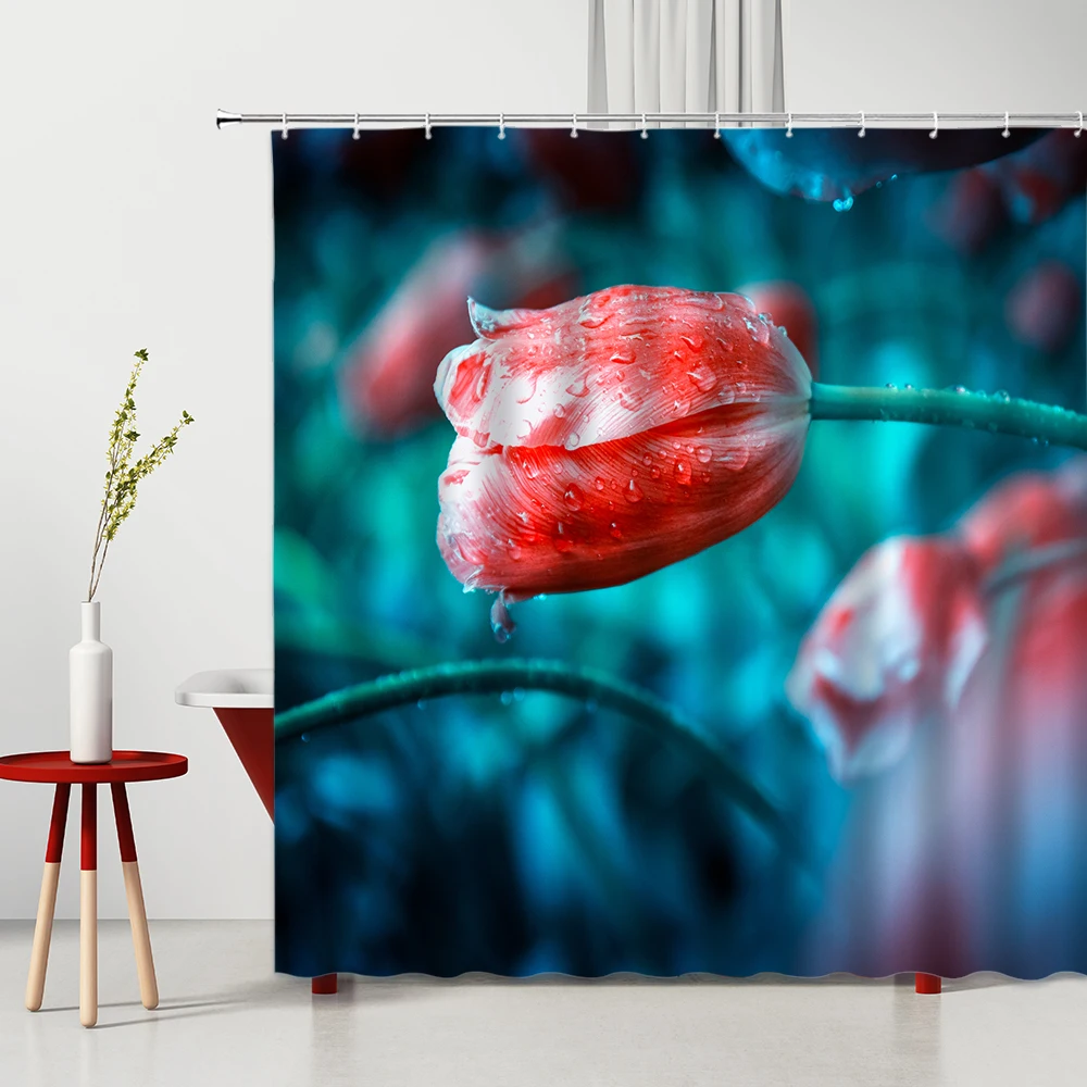 

Pink Flowers Shower Curtain Washable 3D Printing Bathroom Decoration Set Polyester Fabric Home Bath Hanging Curtains With Hooks
