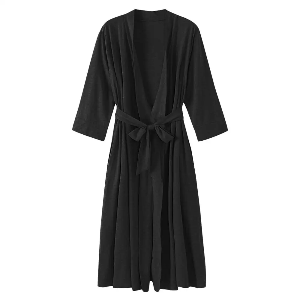 

Long Womens Robe 3/4 Sleeve Solid Loose V Neck Self Belt Bathrobe Night Sexy Robes Night Grow Kimono Bath Robe Size S-XXL
