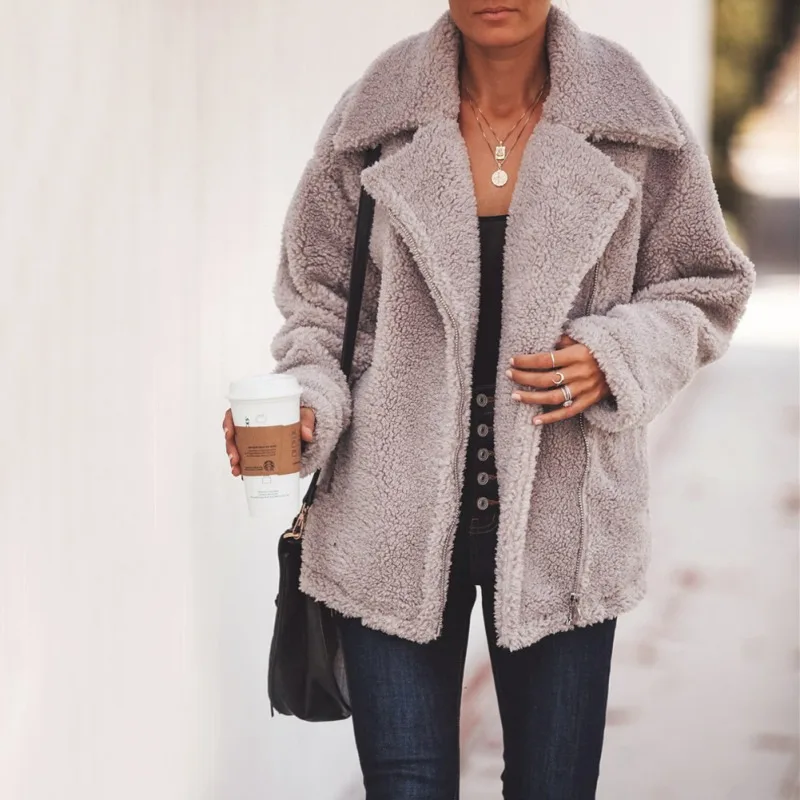 

Women Coat Autumn Winter Warm Lapel Loose Blend Coat Pocket Zipper Long Sleeves Solid Woolen Outwear