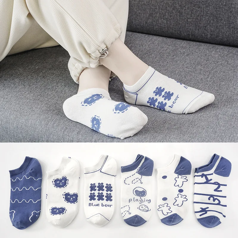 

Носки женские с принтом голубого медведя, милые Мультяшные креативные летние тонкие универсальные короткие носки-лодочки с неглубоким гор...