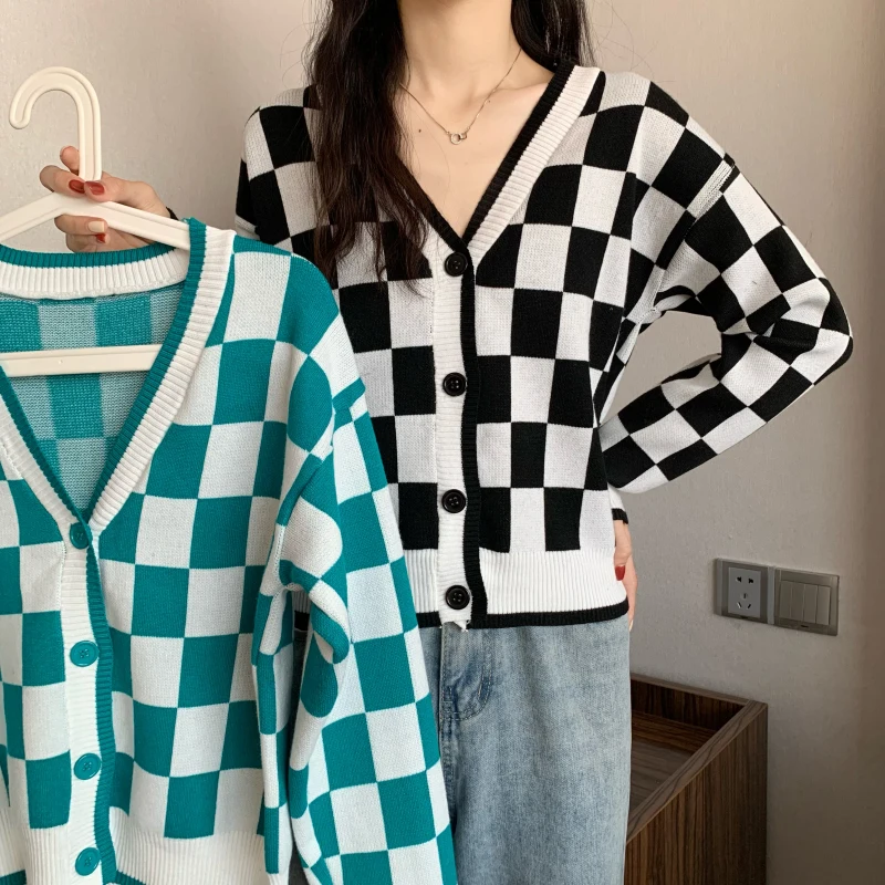 

Women V-Neck Knitted Plaid Sweaters Cardigans Lady Knitting Vintage Cardigan Femme Autumn Spring Loose Knitwear Tops