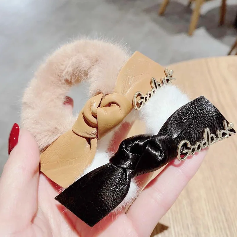 

Pure cowhide bow Hair rope Faux rabbit fur Elastic hair loop Women's Fashion luxury Fur hair accessories