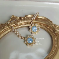 avebien vintage french pearl womens earrings sky blue opal tassel female stud earrings boucle oreille femme fashion accessories