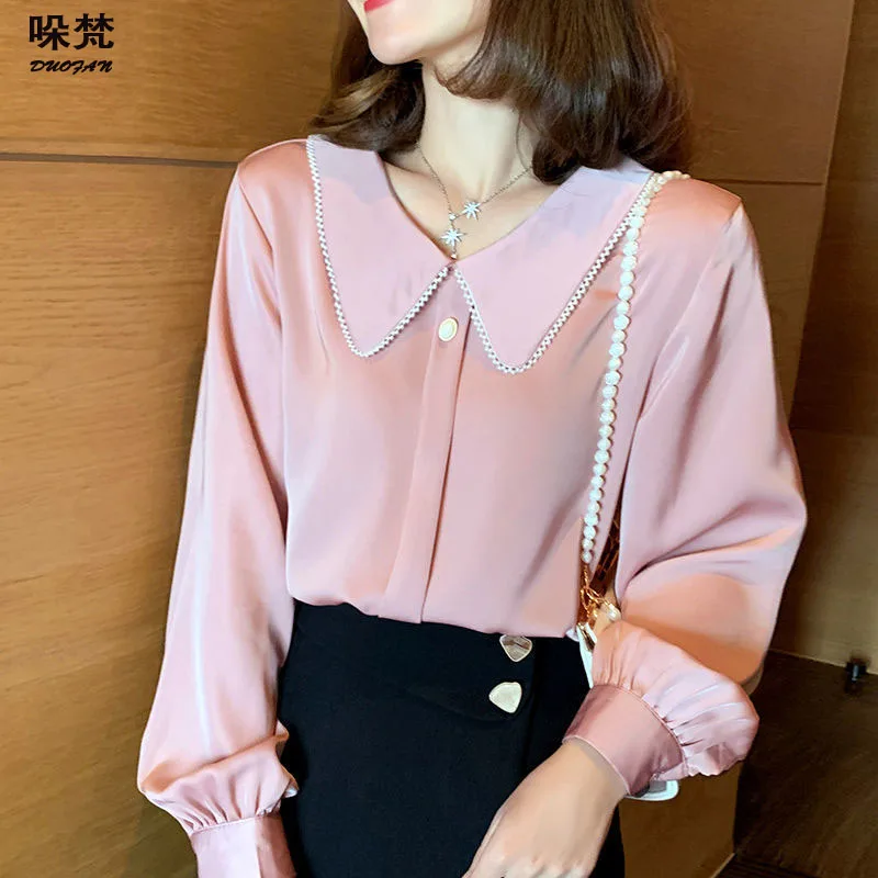 

DUOFAN 2021 New Spring Autumn Women Lantern Sleeve Blouse Shirts Solid Peter Pan Collar Chiffon Stain Ladies Blouse Elegant Top