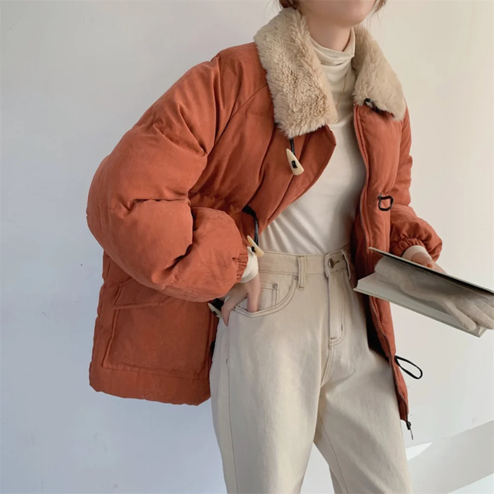 

동대문 Pumpkin Thicken Casual Women Cotton Coats Horn Buckle 2021 Winter Sweet Chic Stylish Elegant All Match Loose Slim Jackets