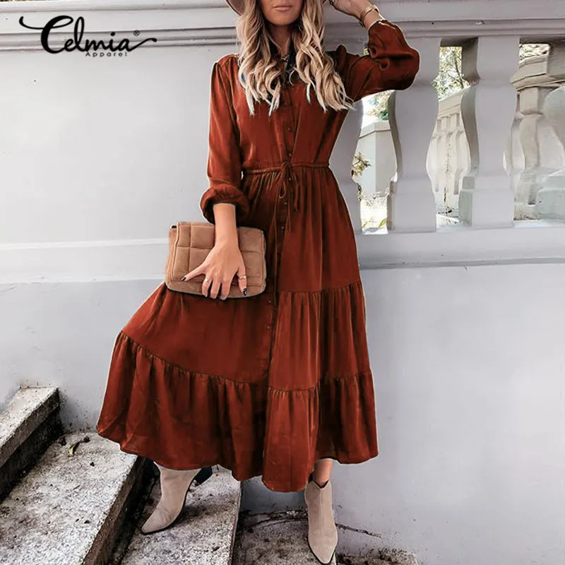 

Celmia Autumn 2021 Women Long Party Dress Fashion Lapel Long Sleeve Belted Solid Work Shirt Sundress Casual Pleated Vestidos