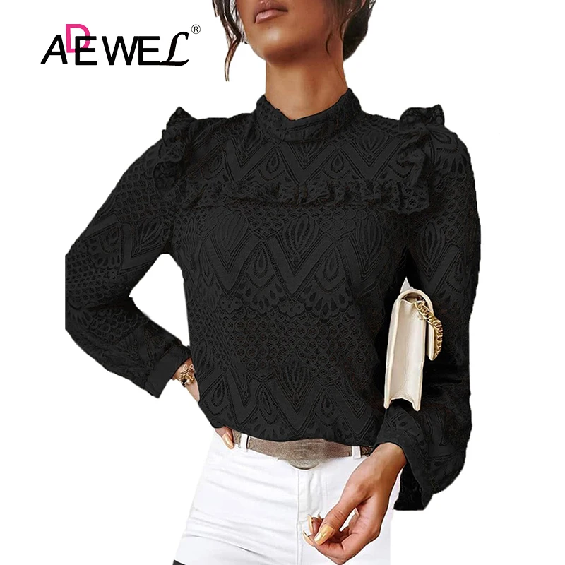 

ADEWEL Harajuku Plus Size Lace Pleated Ruffled Long Sleeved Versatile Top Mujer Camisetas Woman Tshirts Vetement Femme 2XL