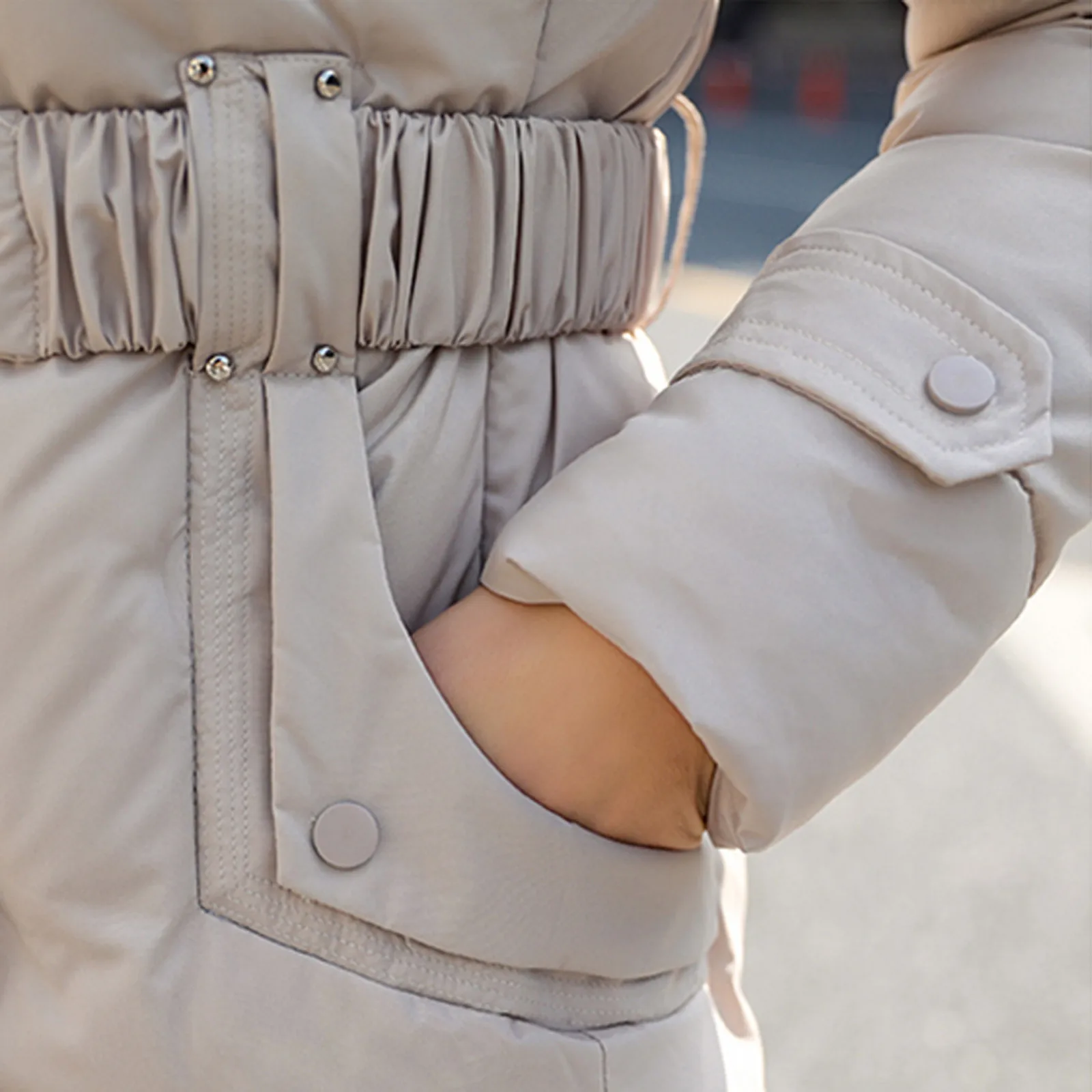 Hooded Women's Winter Down Parka Padded Jacket Slim Waist Belt Mid-Length Solid Color Coat Jacket Outdoor Warm Casual Parkas