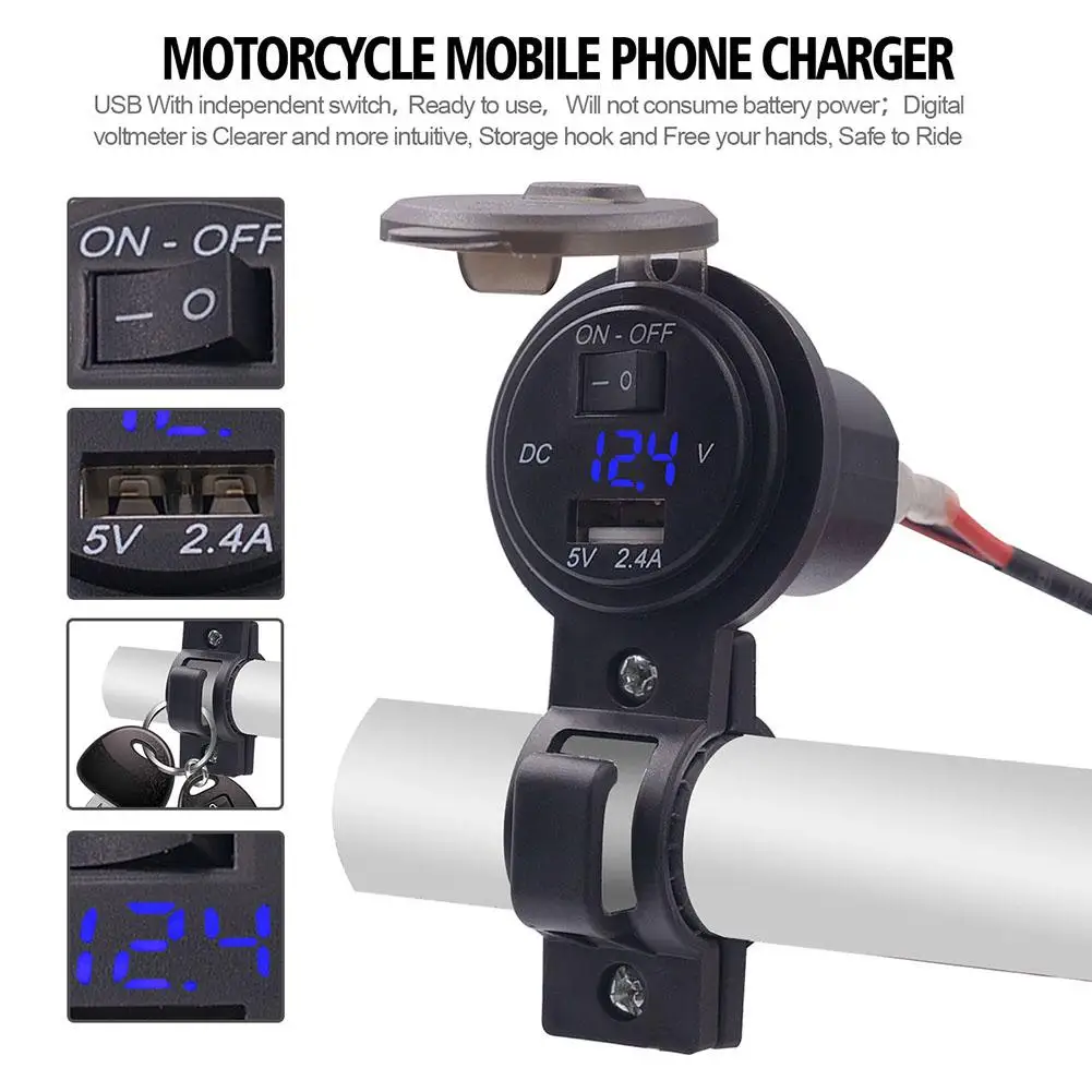 12V 2.4A USB Зарядное устройство + Вольтметр для автомобилей и мотоциклов мобильного