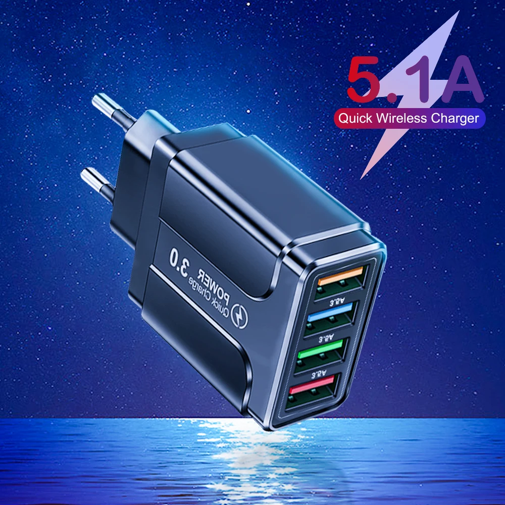 

5.1A USB Universal Charger Quick Charge 3.0 4.0 Suitable for Tablet Apple Xiaomi Samsung EU American Power Adapter Charging Head