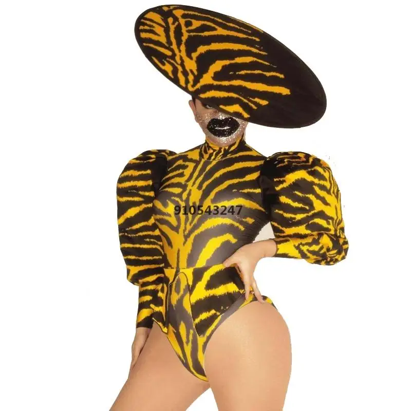 

Zebra Pattern Tuxedo Bodysuit Cap Women Dancer Singer Show Wear Prom Party Bar Stage Dance Cosplay Club Outfit