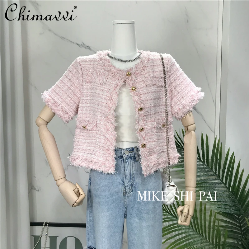 

2021 Summer New Fashion Loose-Fitting Short-Sleeved Solid Color Short Top Women's Round Collar Single-breasted Top