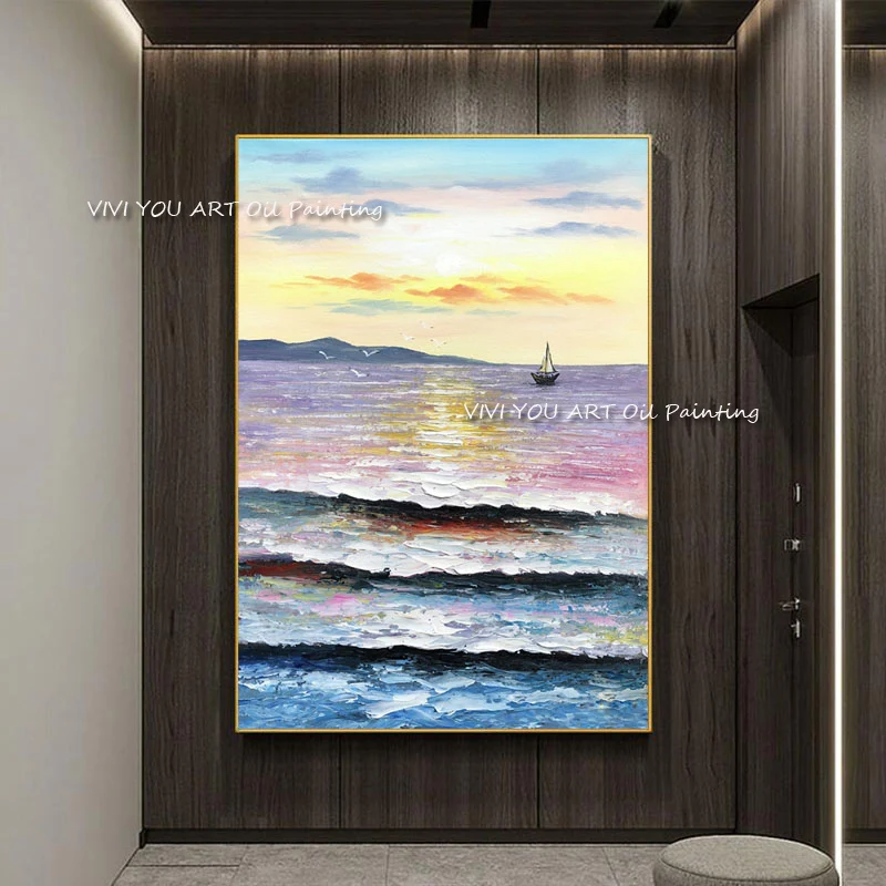 Картина маслом на холсте с изображением заката морского судна ручная роспись