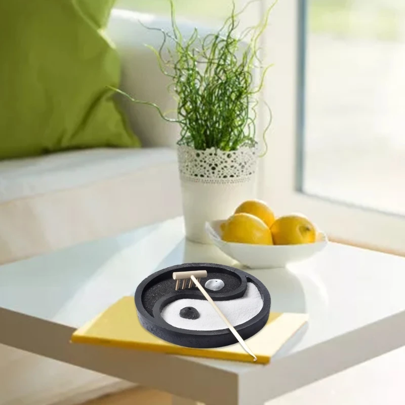 

Yin Yang Tai Chi Bagua Diagram Mini Zen Garden Sand Tray Black and White Round Micro Landscape for Home Office Desk Home