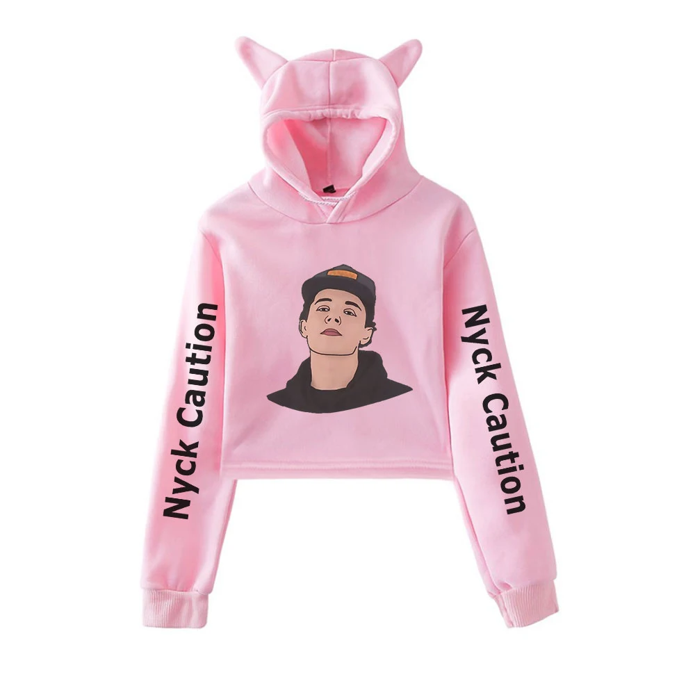 

Nyck Caution Pullover Cat Cropped Hoodie Female Sweatshirt Casual Crop Top Women's Hoodie Harajuku Streetwear Girls Clothes
