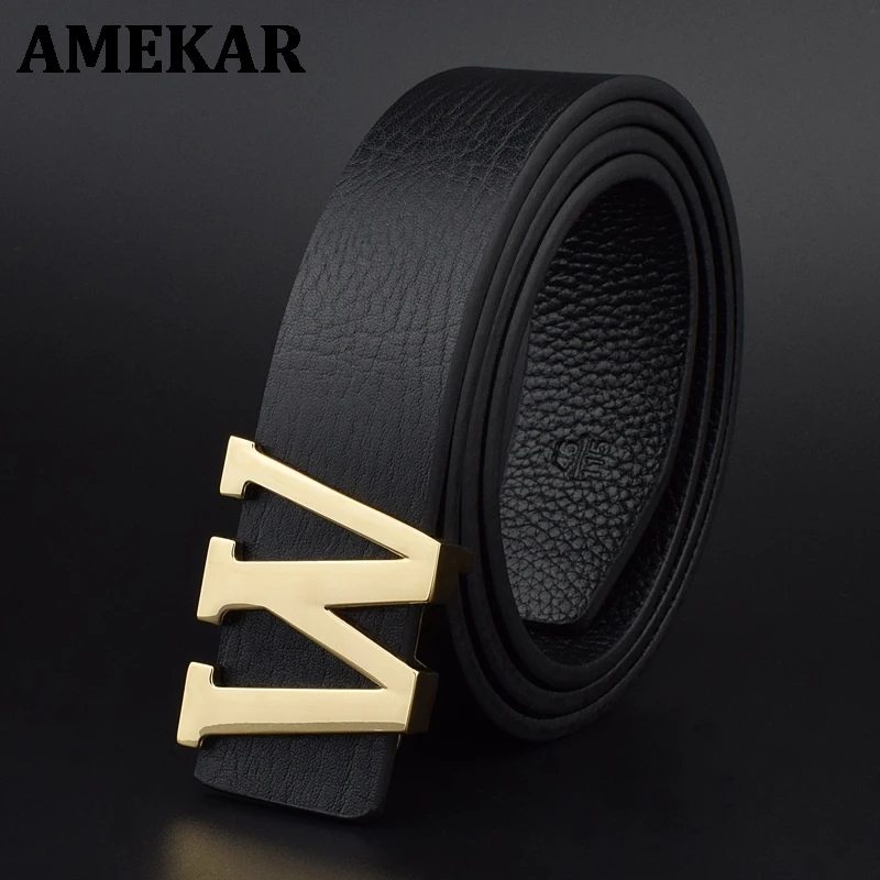 Men's belts luxury genuine leather brand Smooth buckle W letter gold Black famous Designer Cowskin Strap Wide Belt Luxe marque