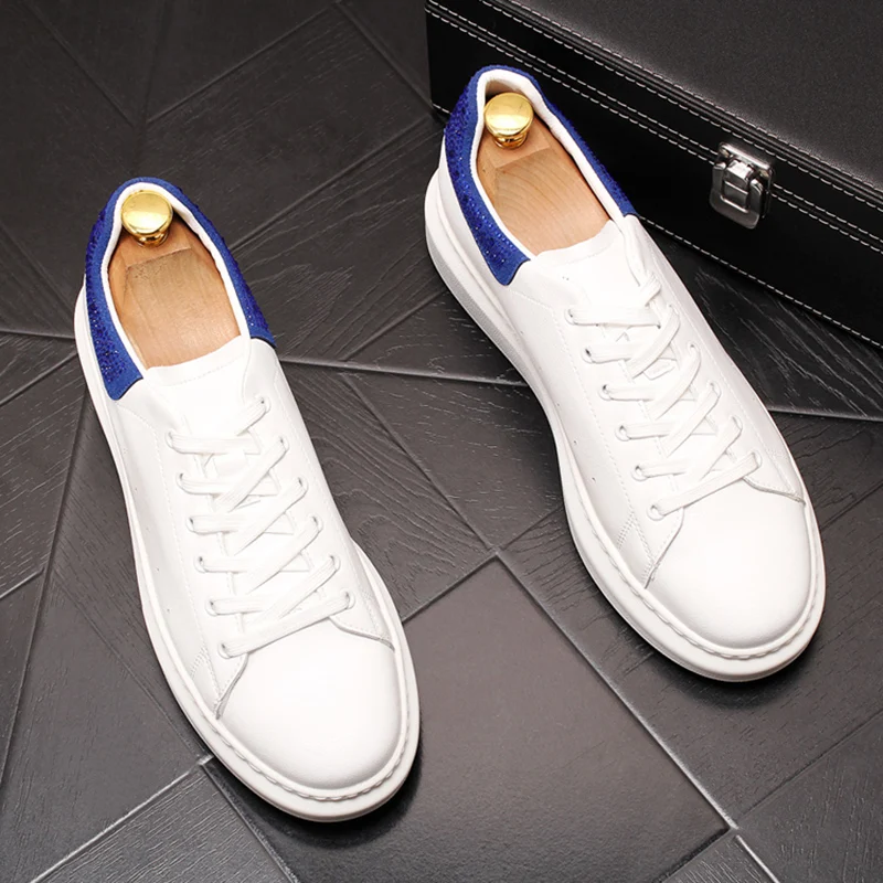 

mens casual hip hop punk dress cow leather shoes breathable white shoe lace-up flats sneakers rhinestone platform footwear male