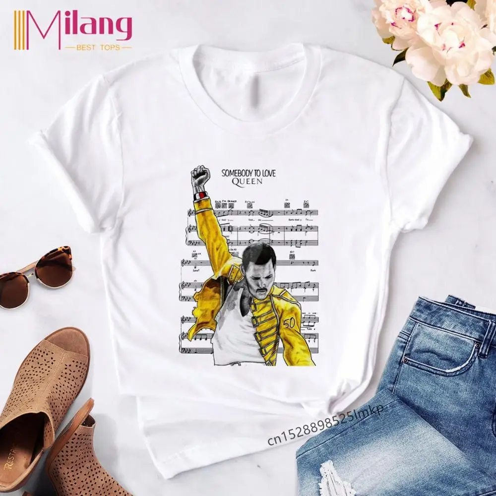 Женская футболка Freddie Mercury 2020 Летние черные футболки с королевским ремешком