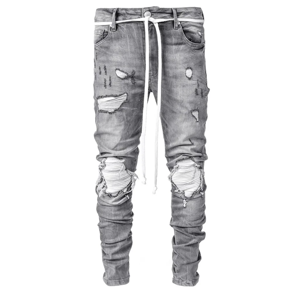 

Distressed Denim Ripped Frayed Jeans Pants Slim Fit Zipper Buttons Pockets Spring Fall Trousers Men's Grey Bottoms