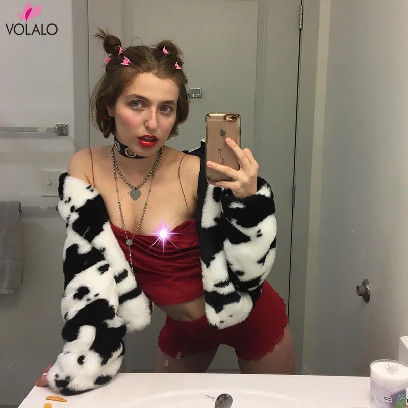 

Winter Fashion Cow Print Woolen Ladies Jackets Coats Zipper Turn Down Collar Long Sleeve Warm Autumn Coat Female Outfit