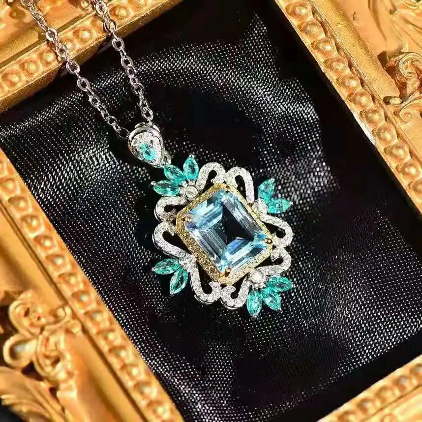 

New 925 Silver Sky Blue Topaz Necklace Inlaid Luxury Diamond Pave CZ Gemstone Pendant For Women Temperament Choker Fine Jewelry