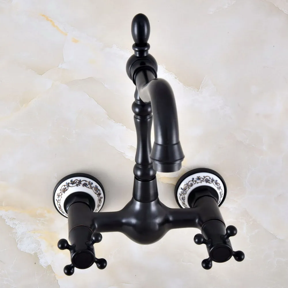 

Black Oil Rubbed Bronze Ceramic Base Wall Mounted Bathroom Kitchen Sink Faucet Swivel Spout Mixer Tap Dual Cross Handles anf850
