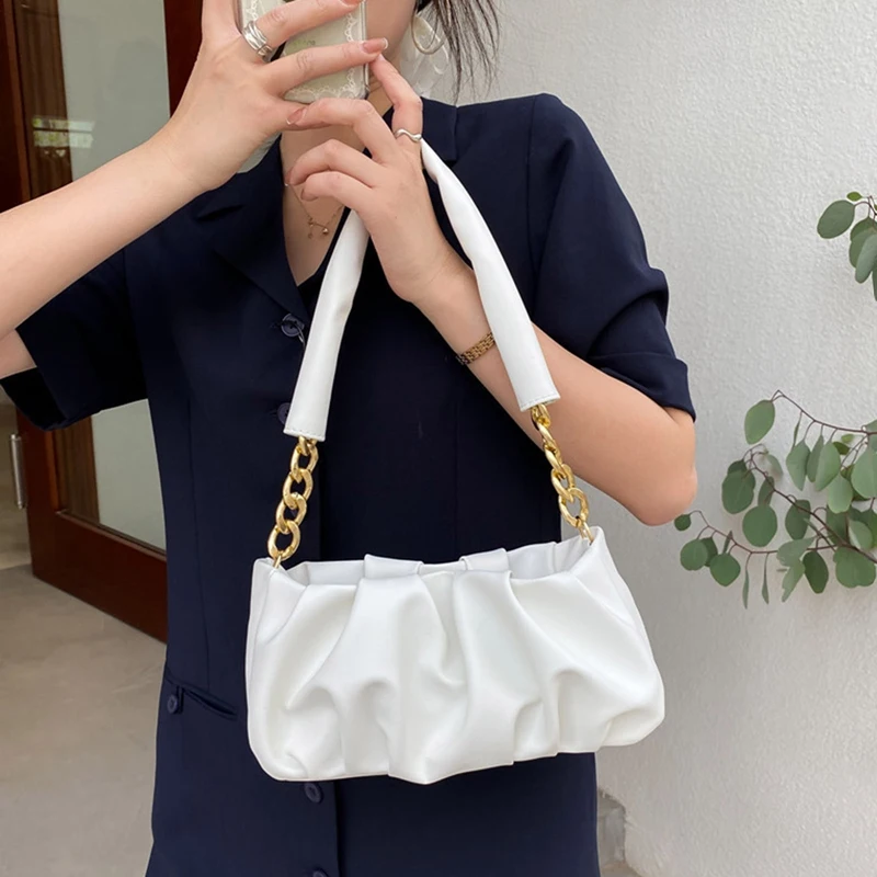 

Soft Material Fold Cloud Shoulder Bag For Women Retro Western Solid Color PU Leather Chain Bag Clutch Envelope Bag Female Trendy